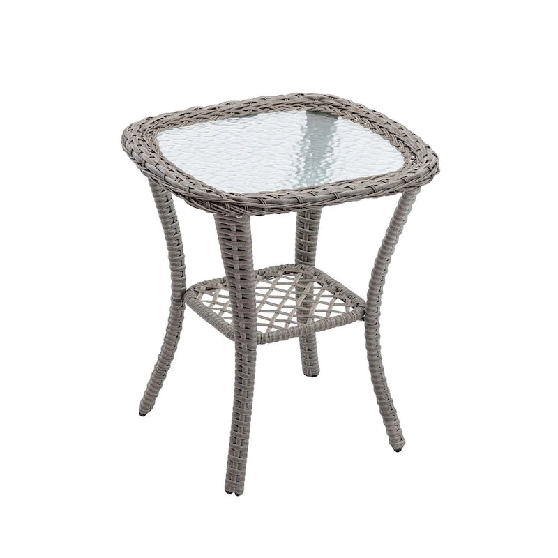 Ensemble de 3 fauteuils de jardin pivotants à bascule, avec coussins épais et table basse.