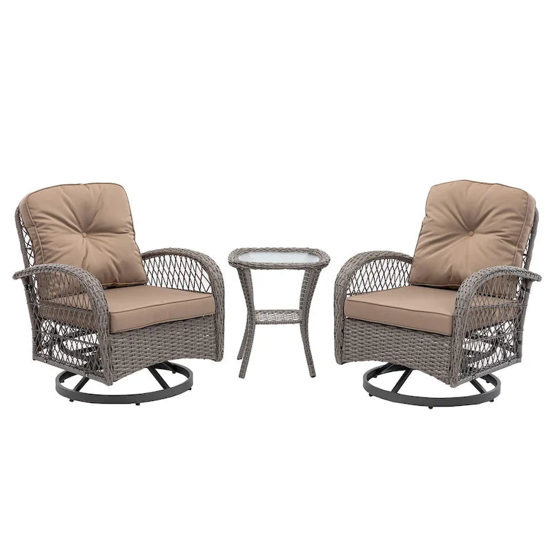 Ensemble de 3 fauteuils de jardin pivotants à bascule, avec coussins épais et table basse.