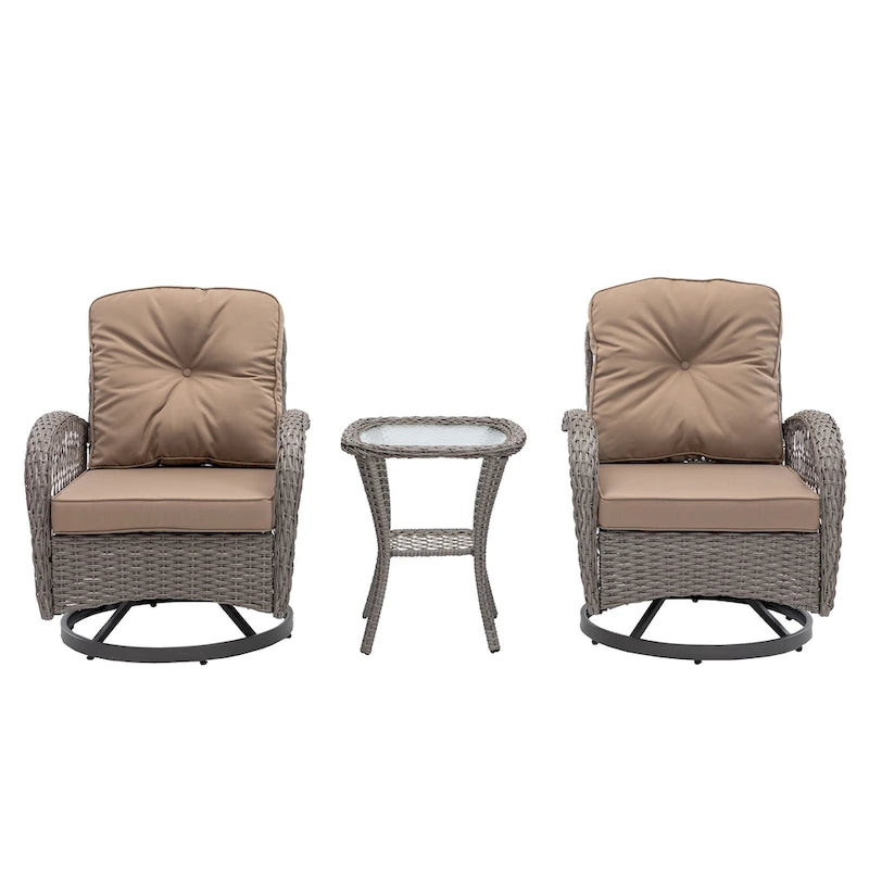Ensemble de 3 fauteuils de jardin pivotants à bascule, avec coussins épais et table basse.