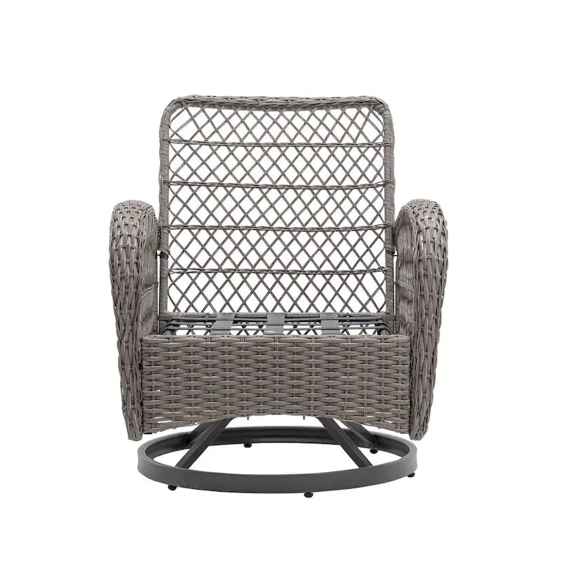 Ensemble de 3 fauteuils de jardin pivotants à bascule, avec coussins épais et table basse.