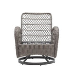 Ensemble de 3 fauteuils de jardin pivotants à bascule, avec coussins épais et table basse.