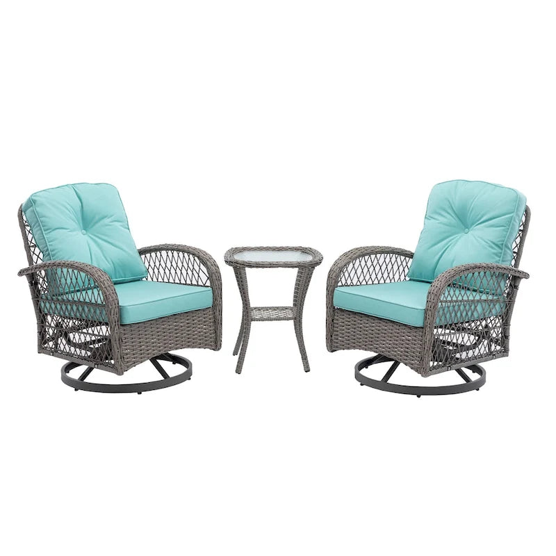 Ensemble de 3 fauteuils de jardin pivotants à bascule, avec coussins épais et table basse.