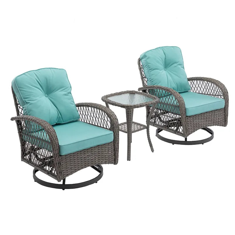 Ensemble de 3 fauteuils de jardin pivotants à bascule, avec coussins épais et table basse.