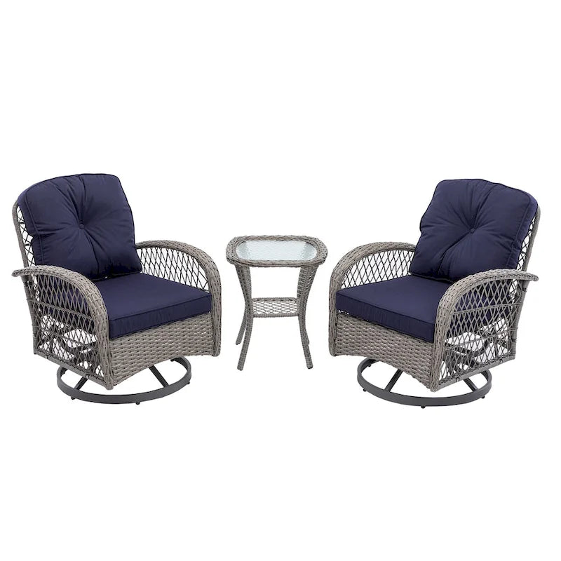 Ensemble de 3 fauteuils de jardin pivotants à bascule, avec coussins épais et table basse.