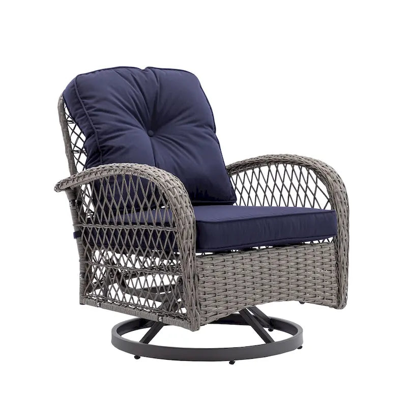Ensemble de 3 fauteuils de jardin pivotants à bascule, avec coussins épais et table basse.