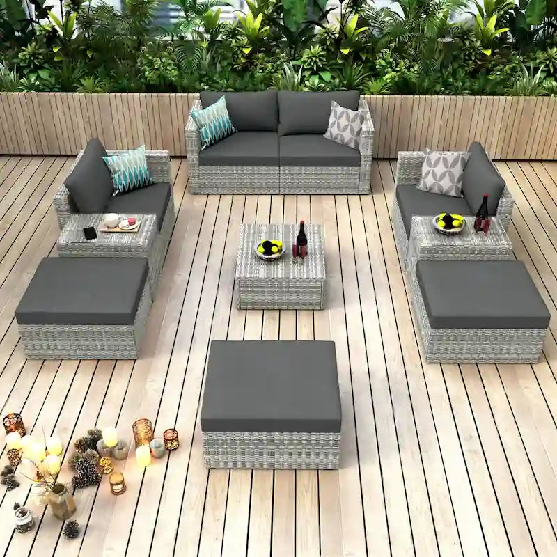 Ensemble de conversation de patio d'angle en osier gris 10 pièces avec coussins gris foncé et quatre oreillers