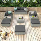 Ensemble de conversation de patio d'angle en osier gris 10 pièces avec coussins gris foncé et quatre oreillers