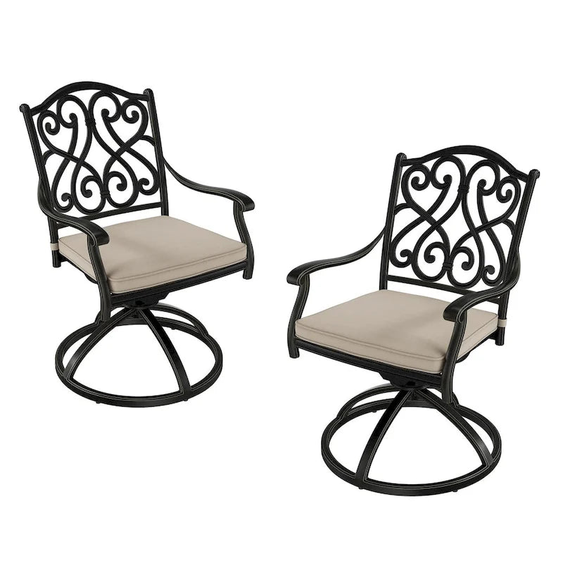 Chaises de salle à manger pivotantes en aluminium moulé sculpté pour patio avec coussins (ensemble de 2)