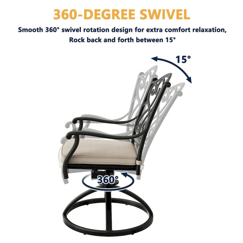 Chaises de salle à manger pivotantes en aluminium moulé sculpté pour patio avec coussins (ensemble de 2)