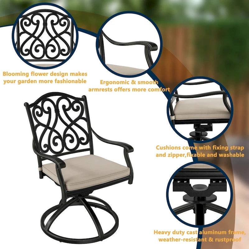 Chaises de salle à manger pivotantes en aluminium moulé sculpté pour patio avec coussins (ensemble de 2)