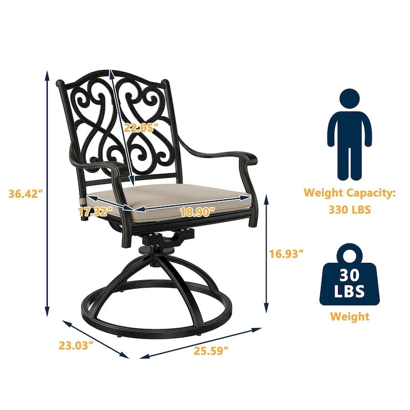 Chaises de salle à manger pivotantes en aluminium moulé sculpté pour patio avec coussins (ensemble de 2)