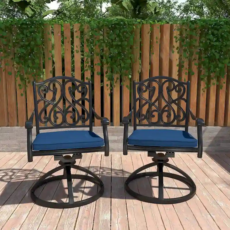 Chaises de salle à manger pivotantes en aluminium moulé sculpté pour patio avec coussins (ensemble de 2)