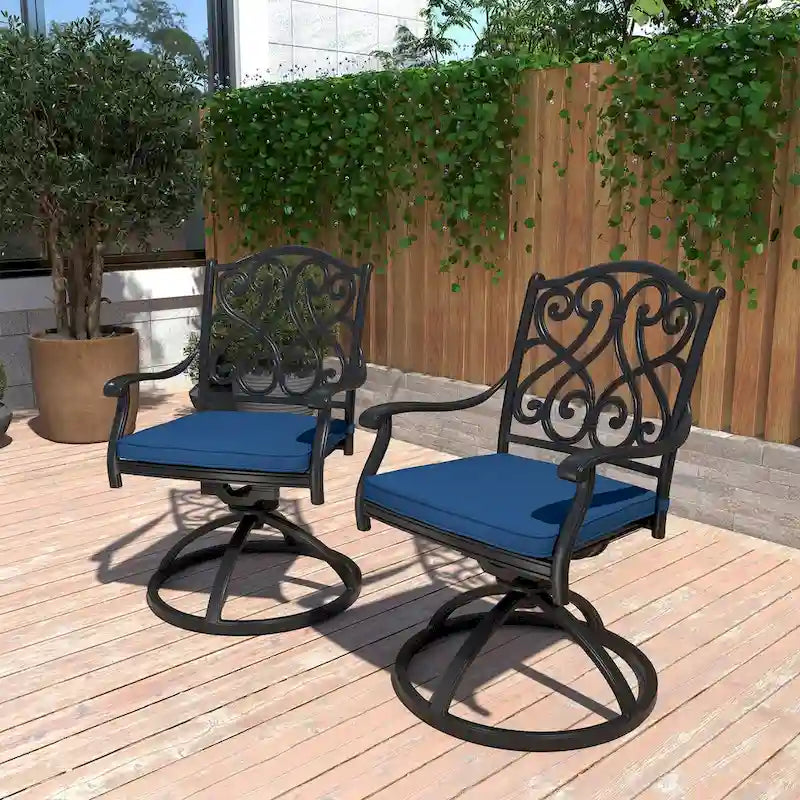 Chaises de salle à manger pivotantes en aluminium moulé sculpté pour patio avec coussins (ensemble de 2)