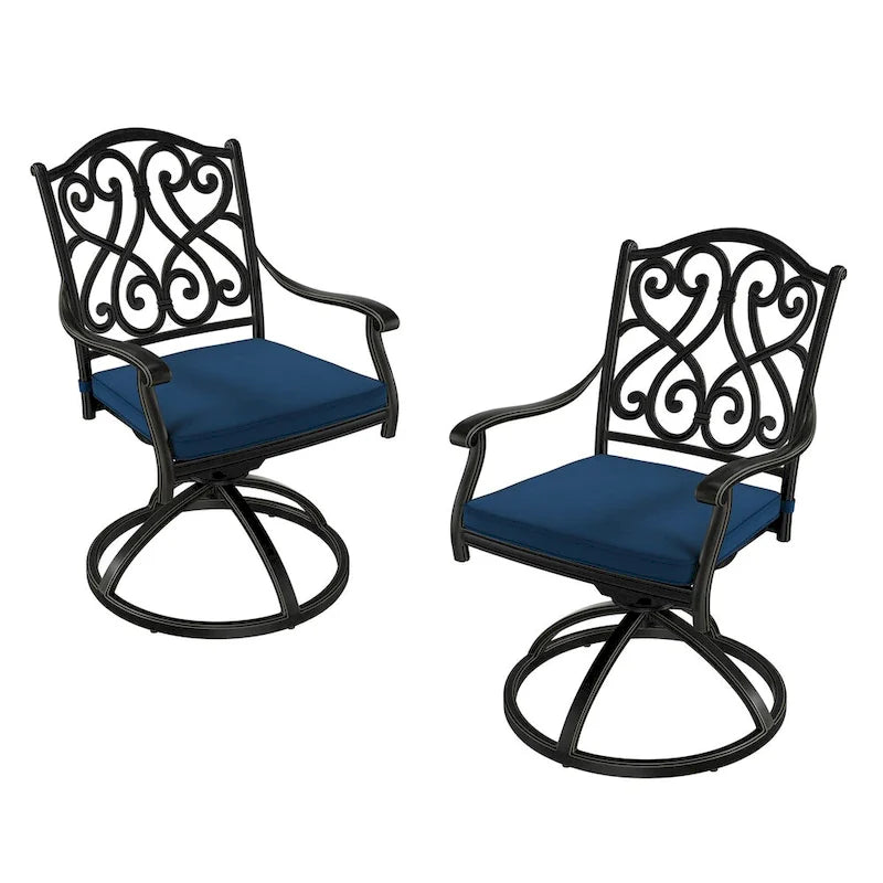 Chaises de salle à manger pivotantes en aluminium moulé sculpté pour patio avec coussins (ensemble de 2)