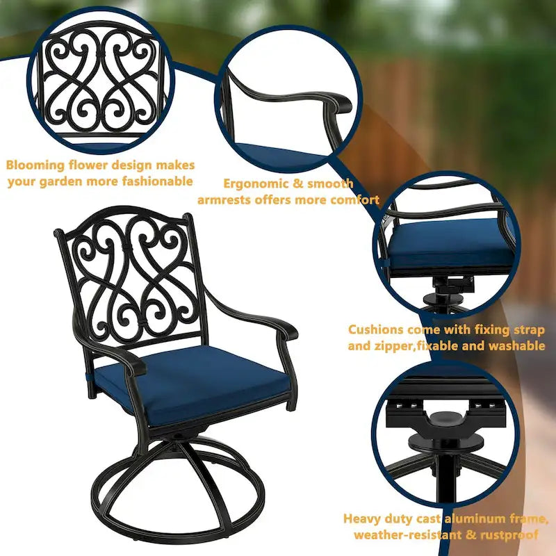 Chaises de salle à manger pivotantes en aluminium moulé sculpté pour patio avec coussins (ensemble de 2)