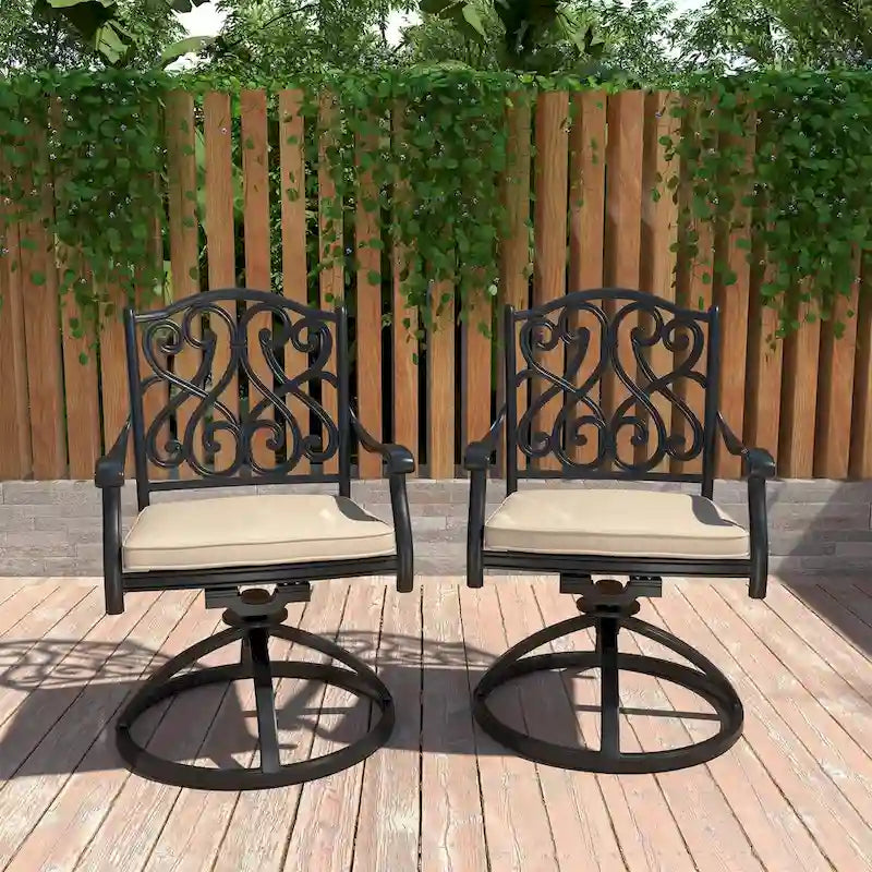 Chaises de salle à manger pivotantes en aluminium moulé sculpté pour patio avec coussins (ensemble de 2)