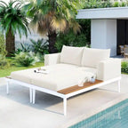 Lit de jour d'extérieur moderne en métal avec espaces latéraux recouverts de bois, chaises longues rembourrées 2 en 1