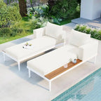 Lit de jour d'extérieur moderne en métal avec espaces latéraux recouverts de bois, chaises longues rembourrées 2 en 1