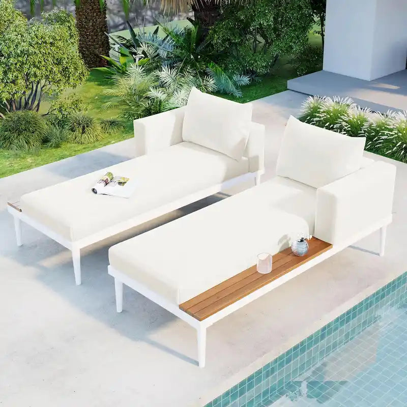 Lit de jour d'extérieur moderne en métal avec espaces latéraux recouverts de bois, chaises longues rembourrées 2 en 1