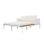 Lit de jour d'extérieur moderne en métal avec espaces latéraux recouverts de bois, chaises longues rembourrées 2 en 1