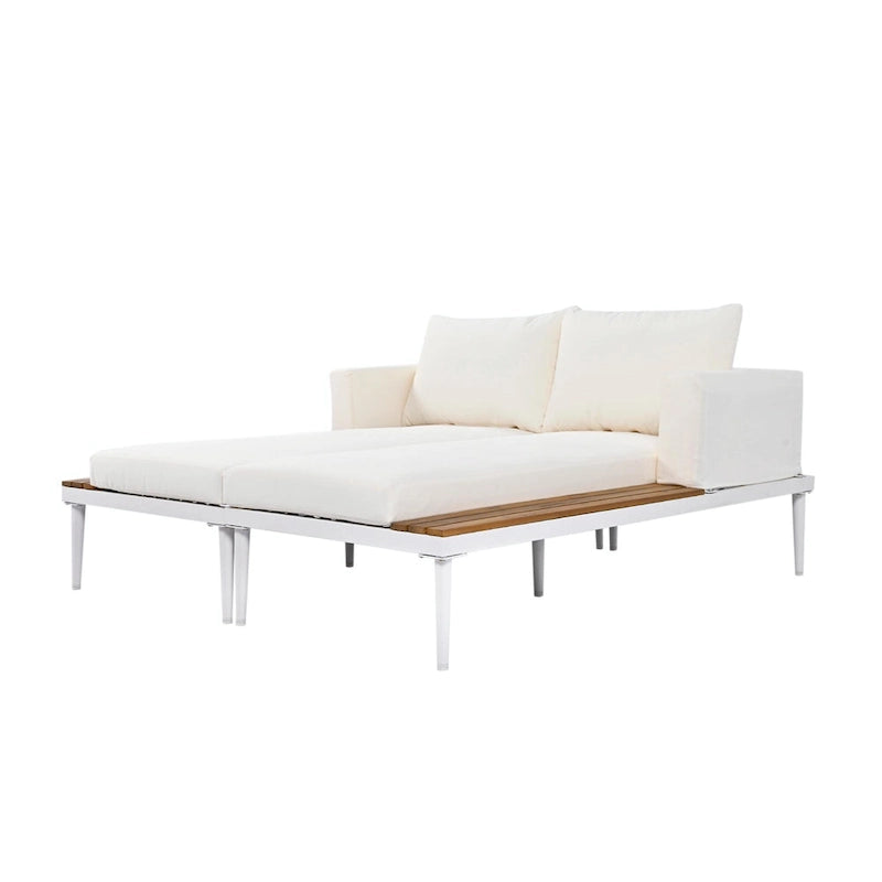 Lit de jour d'extérieur moderne en métal avec espaces latéraux recouverts de bois, chaises longues rembourrées 2 en 1