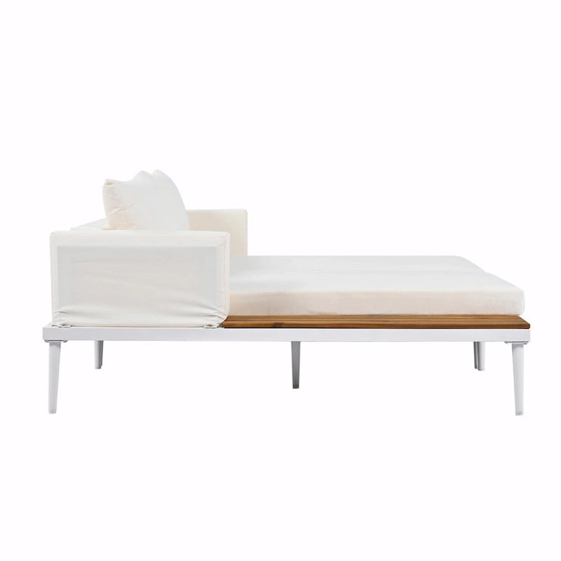 Lit de jour d'extérieur moderne en métal avec espaces latéraux recouverts de bois, chaises longues rembourrées 2 en 1
