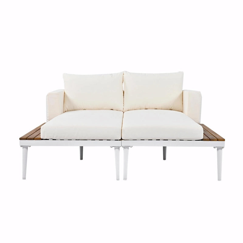 Lit de jour d'extérieur moderne en métal avec espaces latéraux recouverts de bois, chaises longues rembourrées 2 en 1