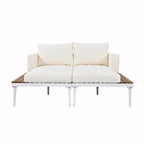 Lit de jour d'extérieur moderne en métal avec espaces latéraux recouverts de bois, chaises longues rembourrées 2 en 1