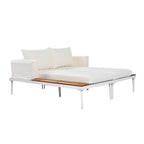 Lit de jour d'extérieur moderne en métal avec espaces latéraux recouverts de bois, chaises longues rembourrées 2 en 1