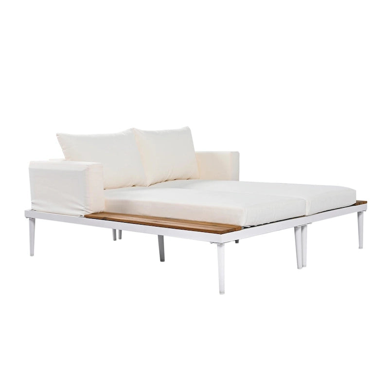 Lit de jour d'extérieur moderne en métal avec espaces latéraux recouverts de bois, chaises longues rembourrées 2 en 1