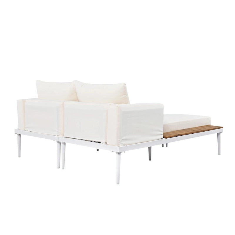 Lit de jour d'extérieur moderne en métal avec espaces latéraux recouverts de bois, chaises longues rembourrées 2 en 1