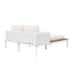 Lit de jour d'extérieur moderne en métal avec espaces latéraux recouverts de bois, chaises longues rembourrées 2 en 1