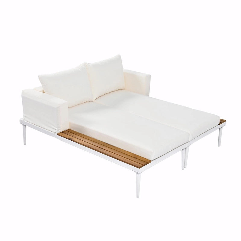 Lit de jour d'extérieur moderne en métal avec espaces latéraux recouverts de bois, chaises longues rembourrées 2 en 1