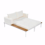 Lit de jour d'extérieur moderne en métal avec espaces latéraux recouverts de bois, chaises longues rembourrées 2 en 1