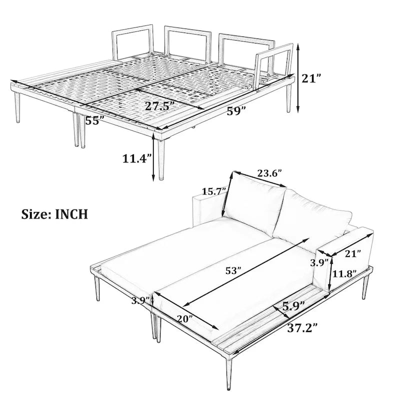 Lit de jour d'extérieur moderne en métal avec espaces latéraux recouverts de bois, chaises longues rembourrées 2 en 1