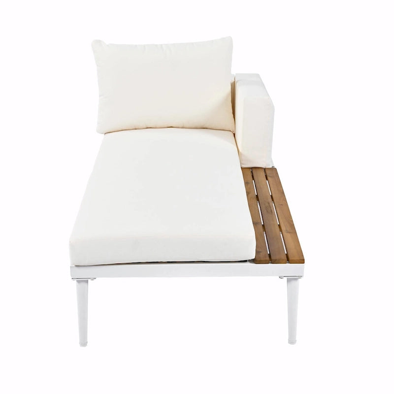 Lit de jour d'extérieur moderne en métal avec espaces latéraux recouverts de bois, chaises longues rembourrées 2 en 1