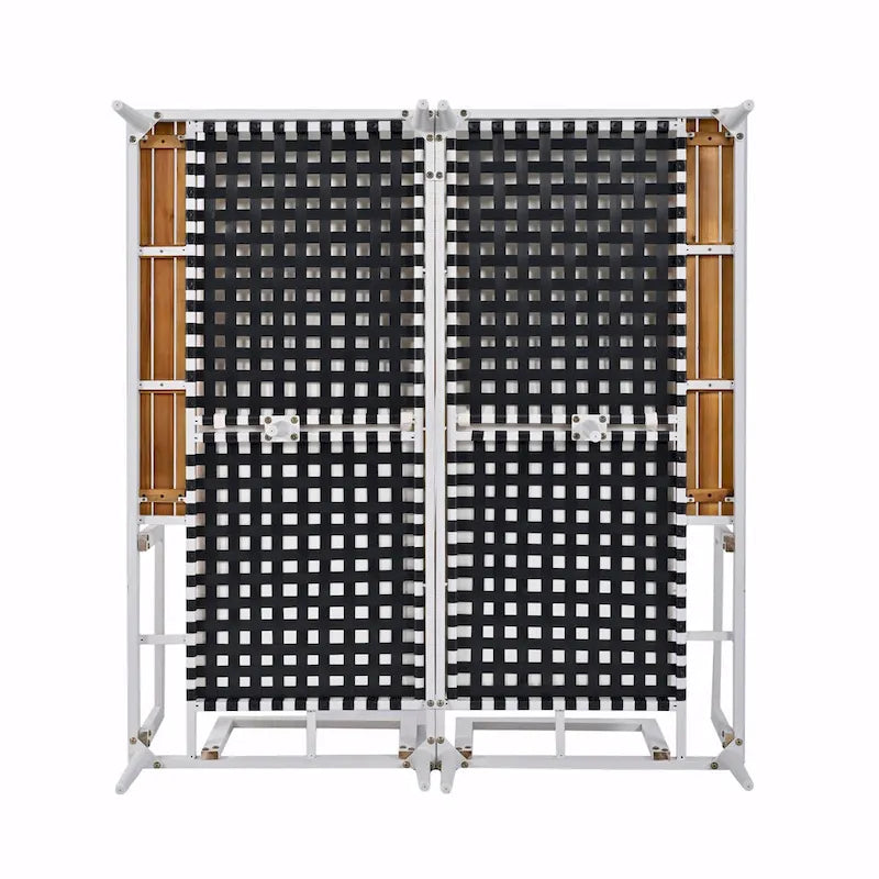 Lit de jour d'extérieur moderne en métal avec espaces latéraux recouverts de bois, chaises longues rembourrées 2 en 1