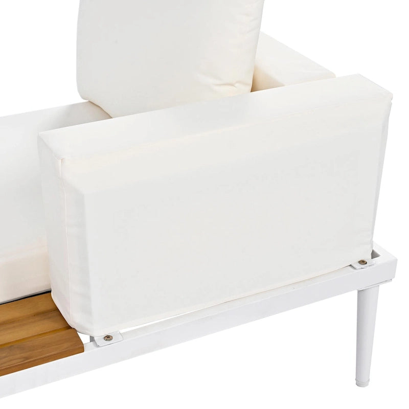 Lit de jour d'extérieur moderne en métal avec espaces latéraux recouverts de bois, chaises longues rembourrées 2 en 1