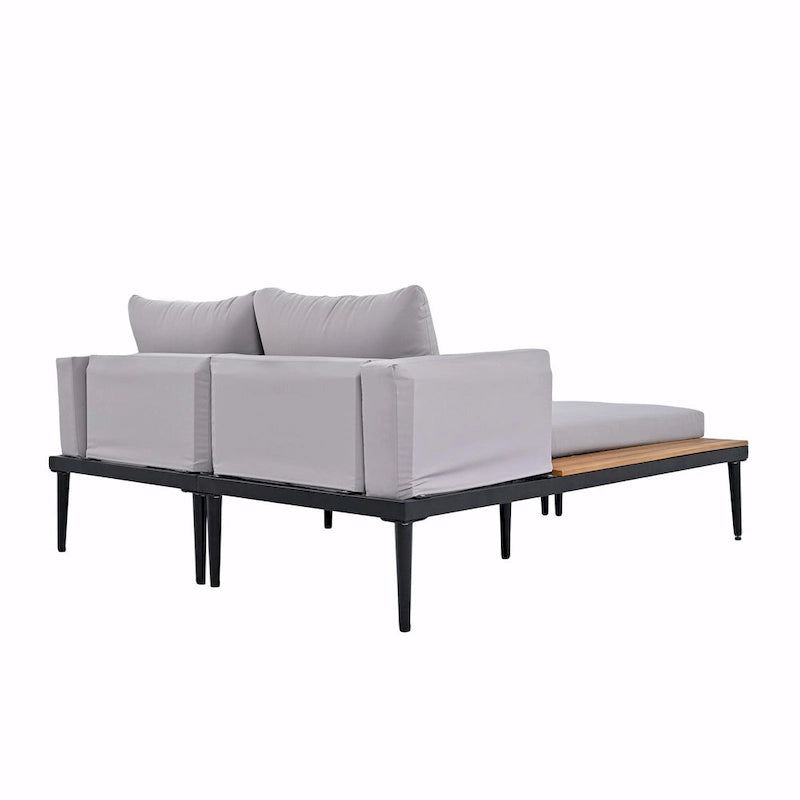 Lit de jour d'extérieur moderne en métal avec espaces latéraux recouverts de bois, chaises longues rembourrées 2 en 1