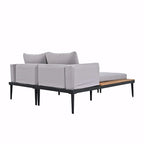 Lit de jour d'extérieur moderne en métal avec espaces latéraux recouverts de bois, chaises longues rembourrées 2 en 1