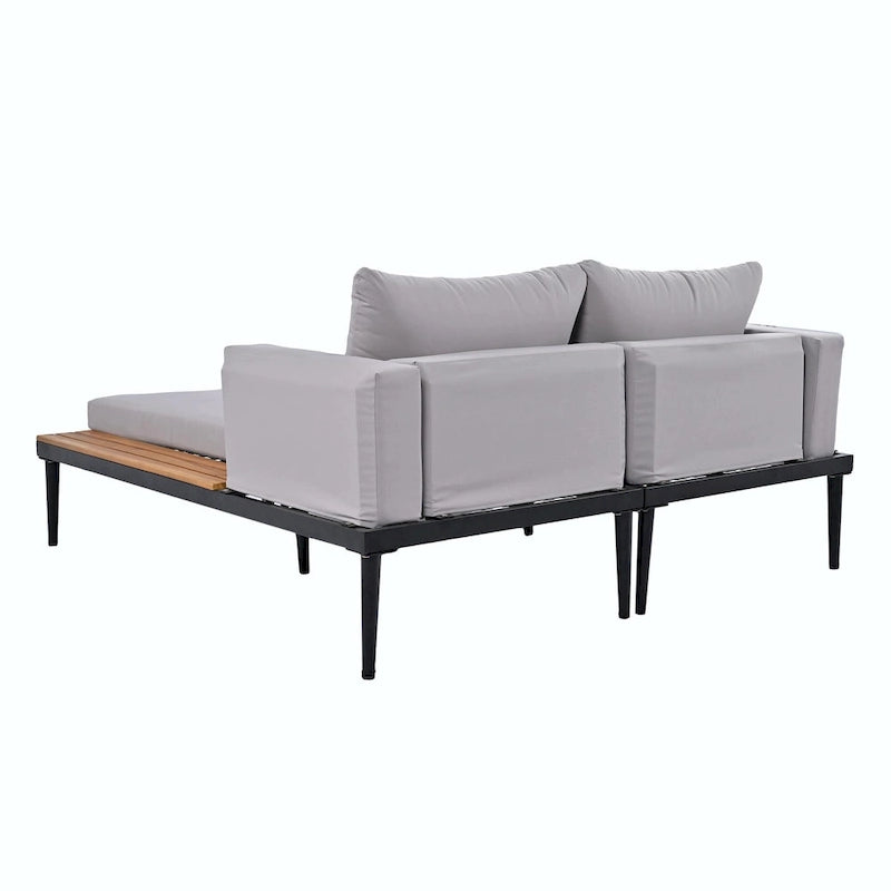 Lit de jour d'extérieur moderne en métal avec espaces latéraux recouverts de bois, chaises longues rembourrées 2 en 1