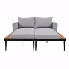 Lit de jour d'extérieur moderne en métal avec espaces latéraux recouverts de bois, chaises longues rembourrées 2 en 1