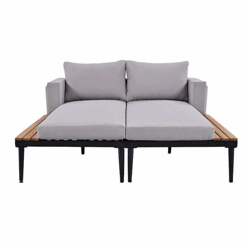 Lit de jour d'extérieur moderne en métal avec espaces latéraux recouverts de bois, chaises longues rembourrées 2 en 1