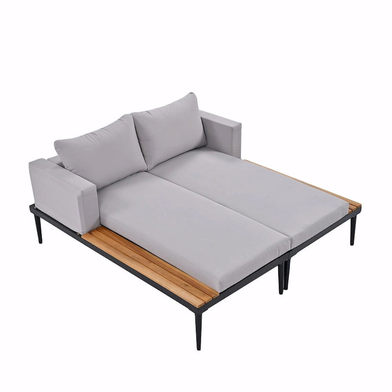 Lit de jour d'extérieur moderne en métal avec espaces latéraux recouverts de bois, chaises longues rembourrées 2 en 1