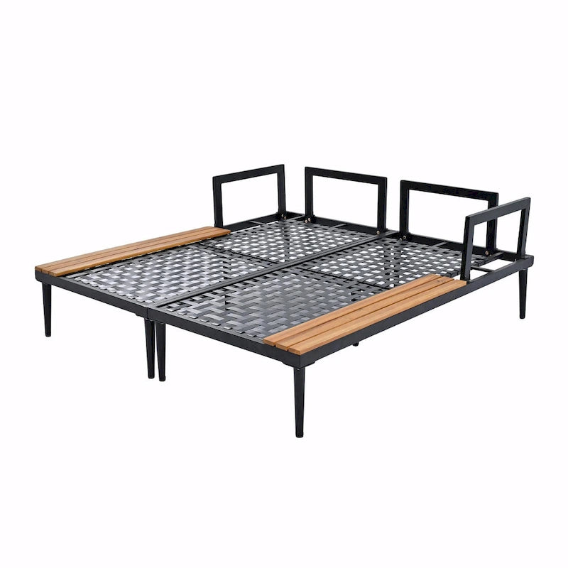 Lit de jour d'extérieur moderne en métal avec espaces latéraux recouverts de bois, chaises longues rembourrées 2 en 1