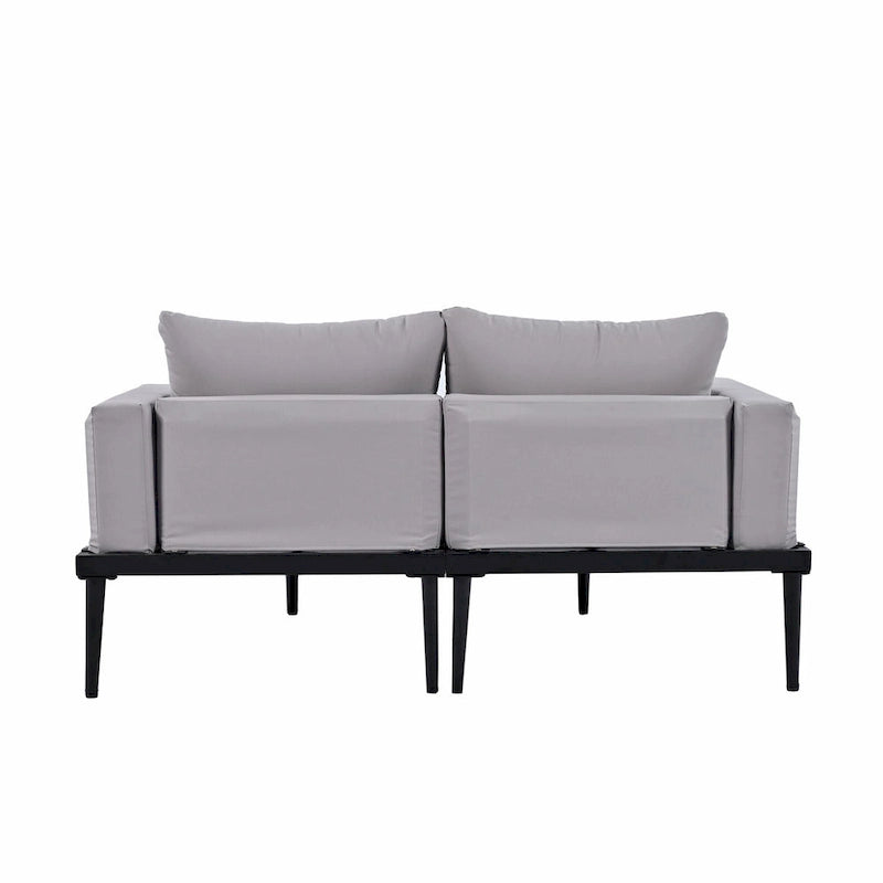 Lit de jour d'extérieur moderne en métal avec espaces latéraux recouverts de bois, chaises longues rembourrées 2 en 1
