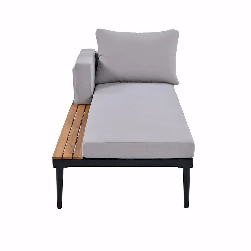 Lit de jour d'extérieur moderne en métal avec espaces latéraux recouverts de bois, chaises longues rembourrées 2 en 1