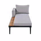 Lit de jour d'extérieur moderne en métal avec espaces latéraux recouverts de bois, chaises longues rembourrées 2 en 1