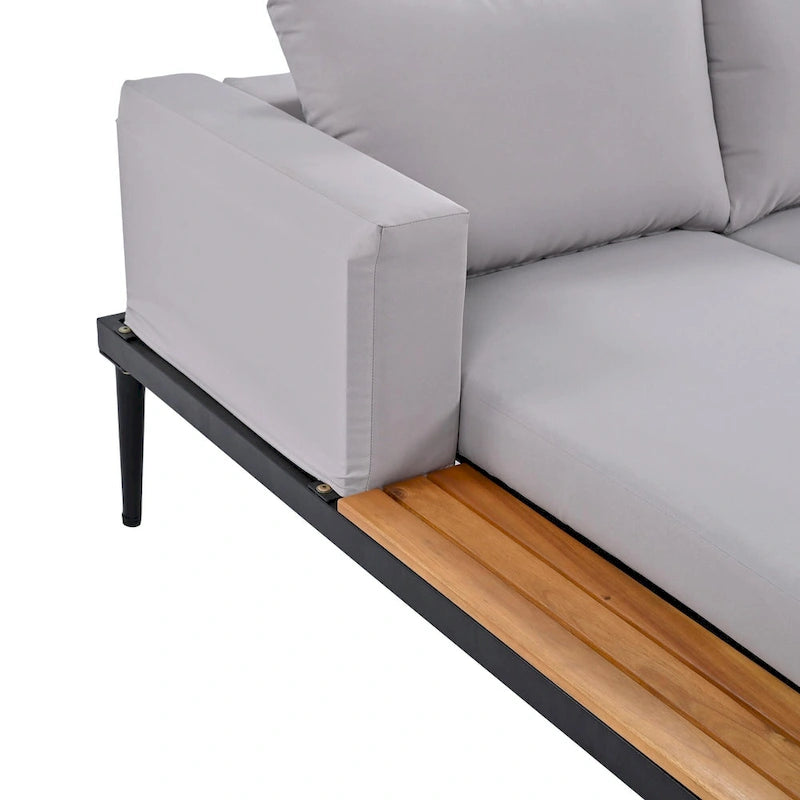 Lit de jour d'extérieur moderne en métal avec espaces latéraux recouverts de bois, chaises longues rembourrées 2 en 1