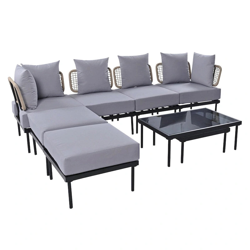 Ensemble de canapé d'angle 8 pièces pour patio avec table basse en verre trempé
